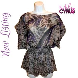 💐Miley Cyrus and Max Azria Animal Print Sheer Blouse S Womens Black Gray Purple